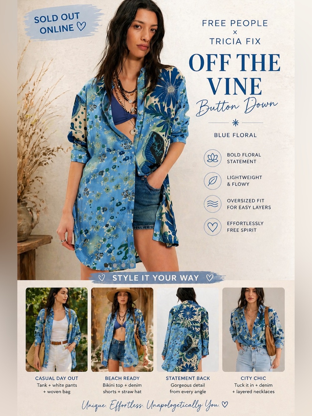 Free People Off The Vine Button Down Blue Floral XS NWT Sold Out